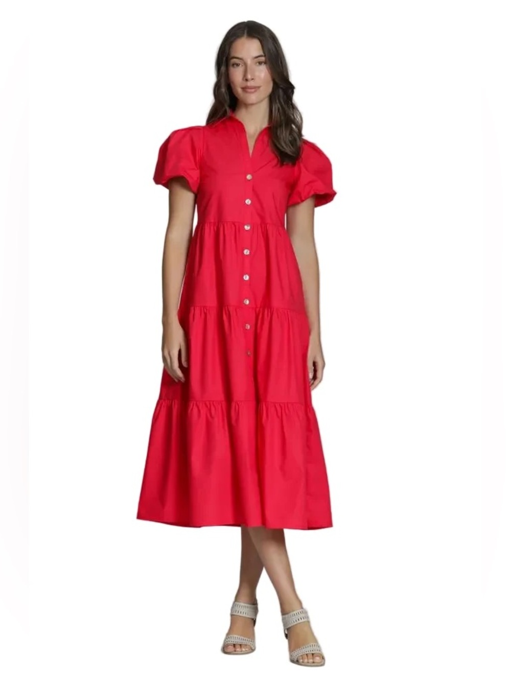 APNY Cherry Red Button Down Tiered Ruffle Maxi Dress Size Small